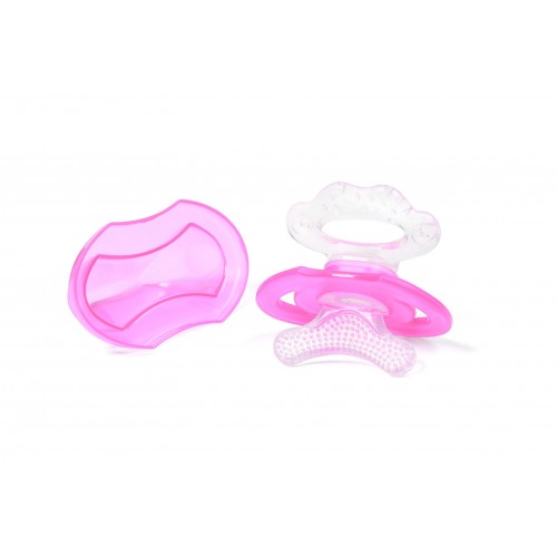 Inel gingival cu forma de suzeta+capac bebelusi (roz)