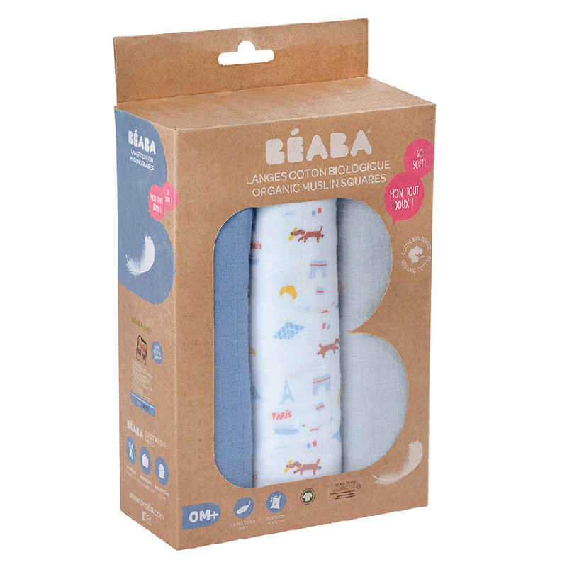 [:ru]Набор из 3 пеленок Beaba Organic Cotton Muslin 70×70 см. Paris Blue B920342[:ro]Set 3 Museline Beaba bumbac organic 70×70 cm Paris Blue B920342[:] - imagine 2