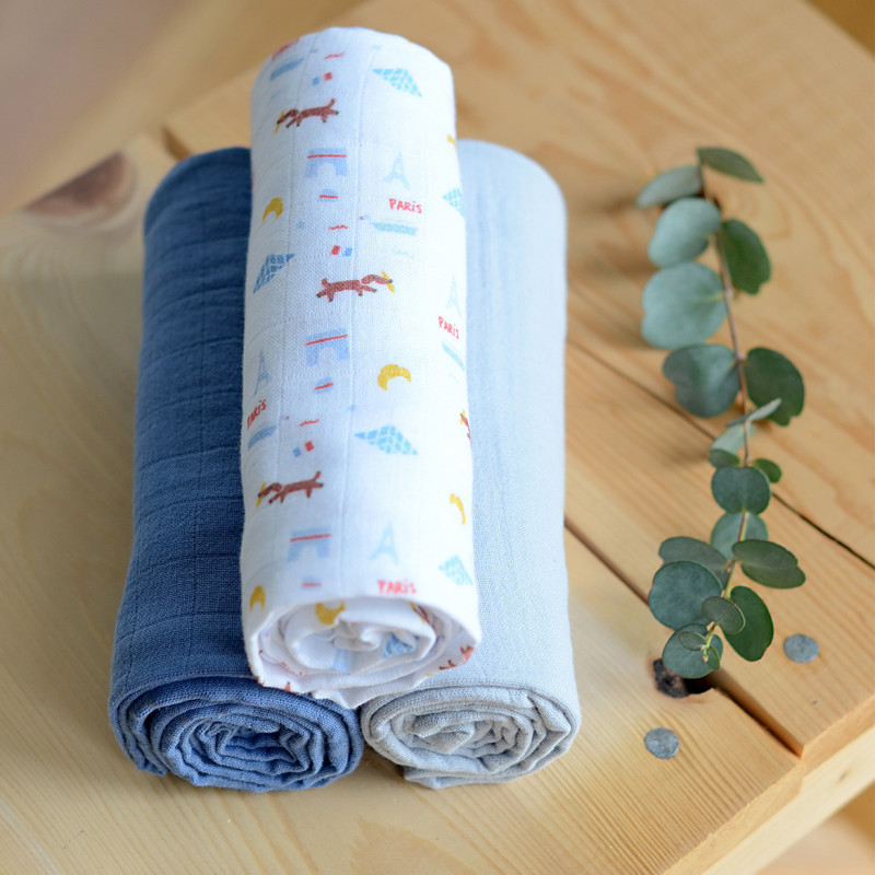 [:ru]Набор из 3 пеленок Beaba Organic Cotton Muslin 70×70 см. Paris Blue B920342[:ro]Set 3 Museline Beaba bumbac organic 70×70 cm Paris Blue B920342[:] - imagine 5