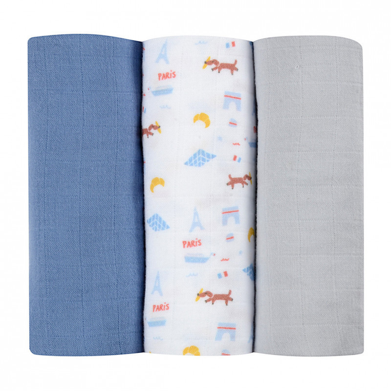 [:ru]Набор из 3 пеленок Beaba Organic Cotton Muslin 70×70 см. Paris Blue B920342[:ro]Set 3 Museline Beaba bumbac organic 70×70 cm Paris Blue B920342[:]